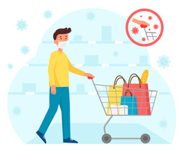 Human hand holding shopping cart. Man shopping during a pandemic coronavirus without gloves. Vector illustration