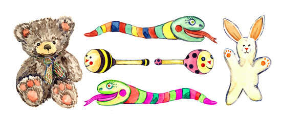 Cute brown plush teddy bear with scarf, white handmade rabbit, funny snakes rainbow colors, Beanbags beetles set, bee and ladybug, isolated  hand painted watercolor illustration, design element