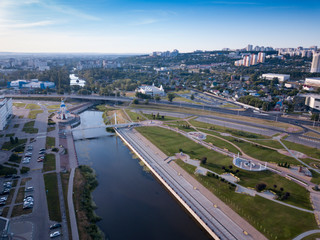 City downtown building in sunny morning, aerial view
