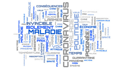 Obraz na płótnie Canvas Abstract blue modern coronavirus word cloud concept on french language