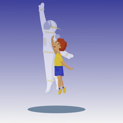 Vector boy with a spacesuit wants to become an astronaut and tries to fly into space