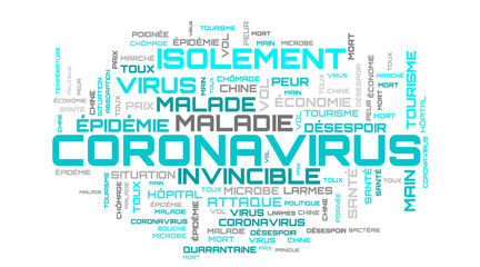 Abstract turquoise modern coronavirus word cloud concept on french language
