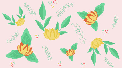 Seamless vector pattern. Yellow flowers with red petals and green leaves.