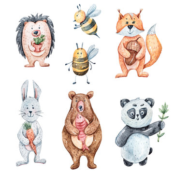 Hand painted watercolor cute animals set. Rabbits, bear, fox, bee, hedgehogs isolated on white. Lovely baby rabbit illustration for pattern, baby shower, invitation