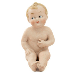 Vintage baby doll from ceramics, isolated on white background