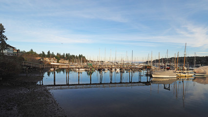 Bainbridge Island, Washington - February 10, 2018 - Marina on tranquil sunny winter afternoon