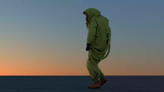 Hazmat Suit Protection Against Corona Virus Covid-19 Man Walking