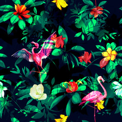Fototapeta premium Bezszwowe tło kwiatowy wzór. Motyw tropikalny z flamingiem, liśćmi i kwiatami na ciemnozielonym kolorze. Ilustracja, wektor - zapasów.