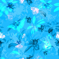 Fototapeta na wymiar Seamless floral background pattern. Tropical theme with flamingo, leaves and flowers on light blue. Hand drawn illustration, vector - stock.