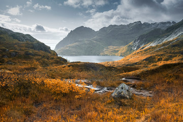 Mountain autumn landscape with a lake, Lofoten Islands Norway