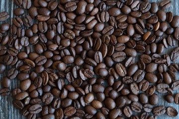 Natural coffee beans, close-up, top view.