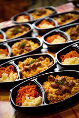 hot dish of meat and vegetables,with a side dish in a disposable container,for delivery of food at home