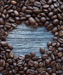 Natural coffee beans, close-up, top view.