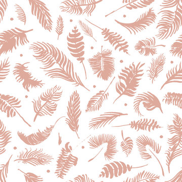 Palm leaves silhouettes pattern. Tropical background for modern fashion banner design. Leaf silhouette, natural wallpaper, trendy eco-fashion backdrop. Palms drawings, ink art, exotic decorations.