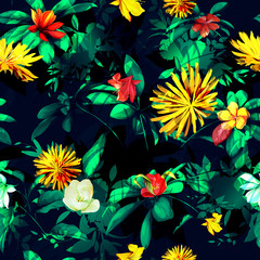 Panele Szklane  Bezszwowe tło ilustracja kwiatowy mniszka lekarskiego z tropikalnych liści ciemnozielony. Stylizowane ręcznie rysowane wzór, akwarela. Zdjęcie Seryjne - czas.