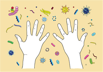 Clean hands on a background of viruses and bacteria.