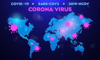 World map and covid-19 virus spread to the world on blue background, vector, art