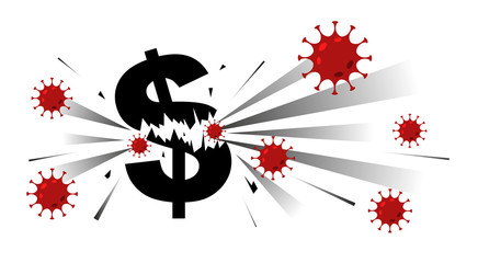 Coronavirus COVID-19 attack the dollar sign. Dollar as a World currency symbol crashing down because of pandemic. Illustration of financial crisis and global recession