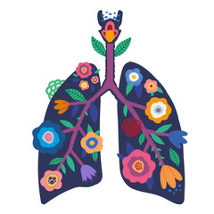Blooming lungs. Illustration of human lungs with bright flowers and vegetation. Respiratory system. Healthy lungs. Medicine