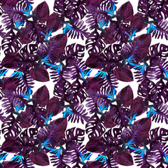 Original seamless tropical pattern with Strelitzia and purple leaves on white background. Seamless pattern with colorful leaves of colocasia, filodendron, monstera. Exotic wallpaper. Hawaiian style