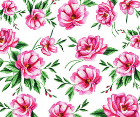 Flower pattern. Pink bouquets of peonies with leaves on a white background. Idea for textiles, prints and more.