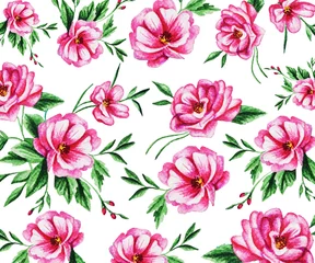 Deurstickers Flower pattern. Pink bouquets of peonies with leaves on a white background. Idea for textiles, prints and more. © Mewlish art