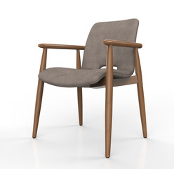 Modern chair with textile seat and wooden legs on white background. 3d render