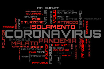 Fototapeta na wymiar Italian red coronavirus topic word cloud background