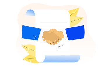 Making business deal concept. Conclusion of a contract. Handshake. Successful partnership. Signing paper. Cooperation. Vector illustration