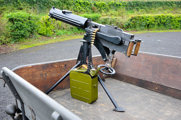 Vickers water cooled medium machine gun on the back of a truck, as used in World War 1.