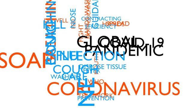 Global pandemic disease COVID-19 word tag cloud. 3D rendering, white variant, loop able, UHD
