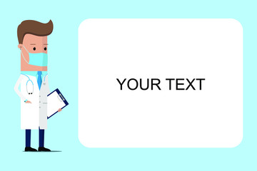 Doctor in medical protection mask with space for text. Male doctor in white lab coat with space for text. Vector illustration