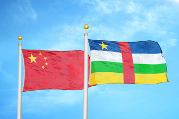 China and Central African Republic two flags on flagpoles and blue cloudy sky
