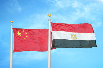 China and Egypt two flags on flagpoles and blue cloudy sky