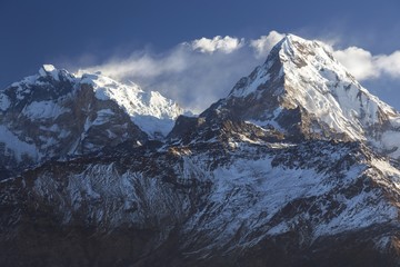 Scenic Landscape View of Snowy Annapurna Peak from Poon Hill in Nepal Himalaya Mountains