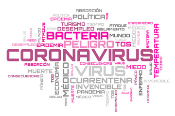 Purple word cloud coronavirus topic concept on spanish language