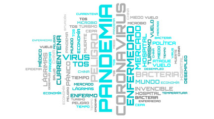 Fototapeta premium Turquoise word cloud virus topic concept on spanish language