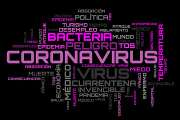 Fototapeta premium Purple COVID-19 modern word cloud on spanish language illustration