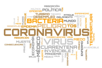 Brown COVID-19 modern word cloud on spanish language illustration