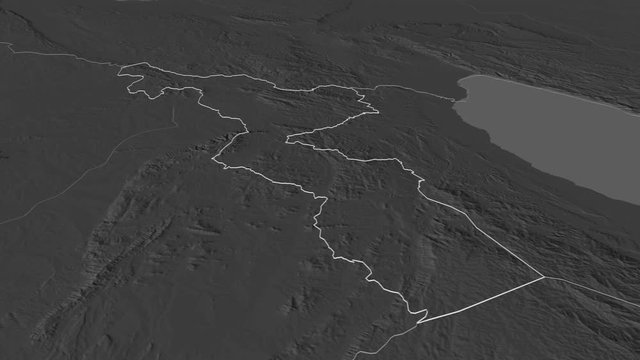 Chitipa, district with its capital, zoomed and extruded on the bilevel map of Malawi in the conformal Stereographic projection. Animation 3D