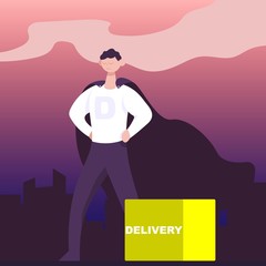 Super delivery man over the night city. Flat cartoon vector color icon.