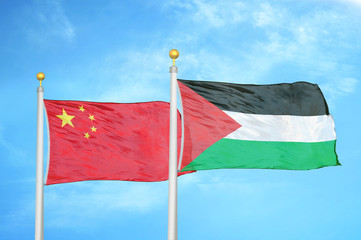 China and Palestine two flags on flagpoles and blue cloudy sky