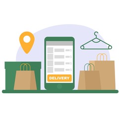 Bag, deliver package and smartphone. Flat cartoon vector color icon.
