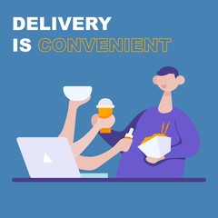 The guy ordered and received convenient and fast online delivery over the internet on a laptop. Flat cartoon vector color icon.