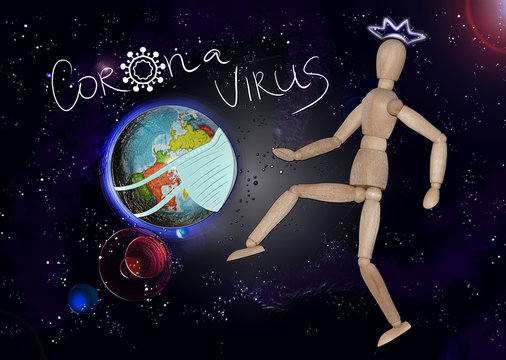 Wooden mannequin kicks the globe - Quarantine and pandemic concept coronavirus COVID-19 (2019-nCoV).