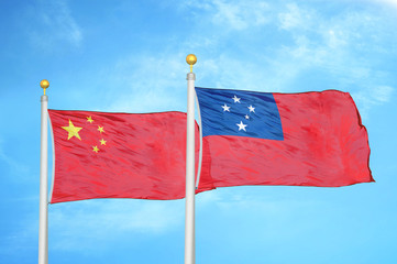 China and Samoa two flags on flagpoles and blue cloudy sky
