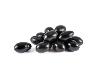 Heap of large dried black olives with stone isolated on white background	  