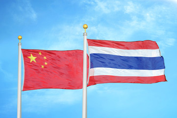 China and Thailand two flags on flagpoles and blue cloudy sky