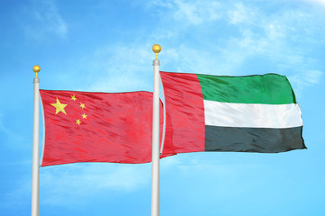 China and United Arab Emirates two flags on flagpoles and blue cloudy sky