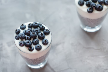 Chia seed pudding with almond milk, yogurt and blueberries dessert in a glass. Superfood and vegan food concept. Gray background. Copy space, selective focus